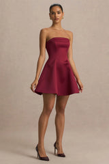 Lioray | Burgundy Satin Bandeau-Neck A-Line Mini Dress