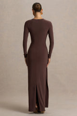 Virelle | Brown Boat-Neck Maxi Dress With Wrap Detail And Sash