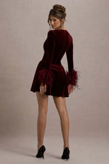 Pasilla | Port Velvet Plunge-Neck Feather Trim Mini Dress