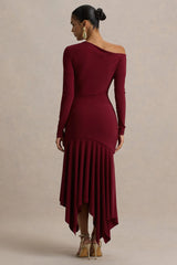 Isola | Burgundy Asymmetric-Neck Midi Dress With Hanky-Hem