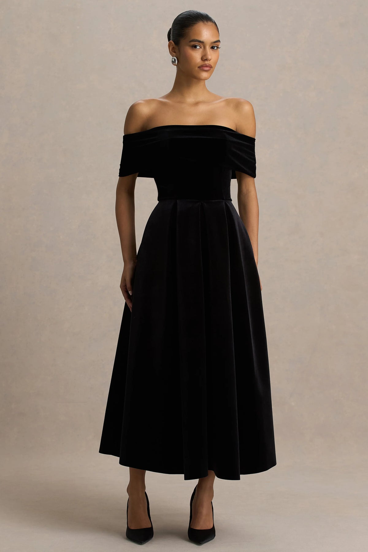 Ablaze | Black Velvet Bardot-Neck Midi Dress