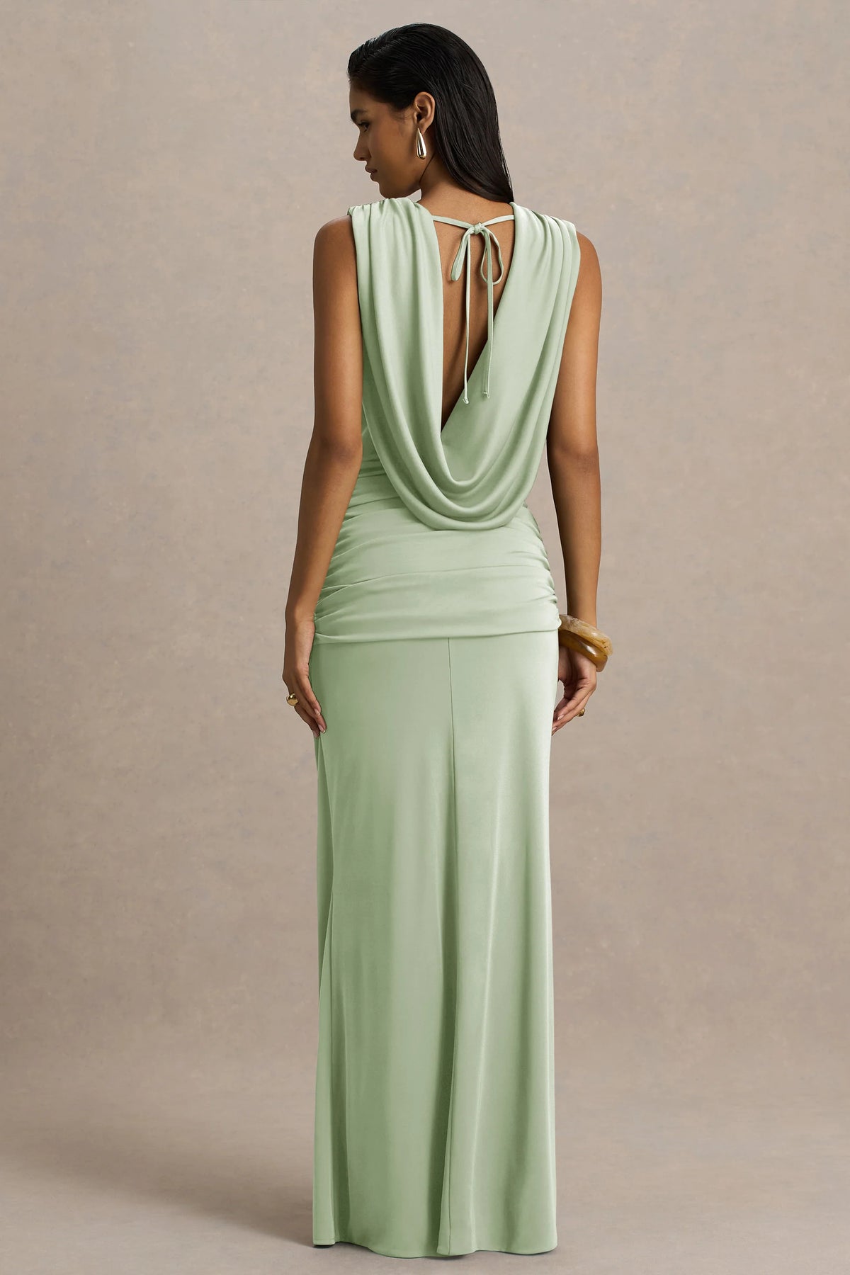 Serafina | Light Green Extreme-Plunge Neck Maxi Dress With Wrap And Ruched Details