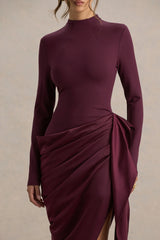 Raffie | Plum Long-Sleeve Midi Dress With Satin Wrap Skirt