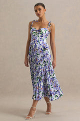 Peyton | Purple Lily Print Satin Sweetheart-Neck Midi Dress With Pleated Details