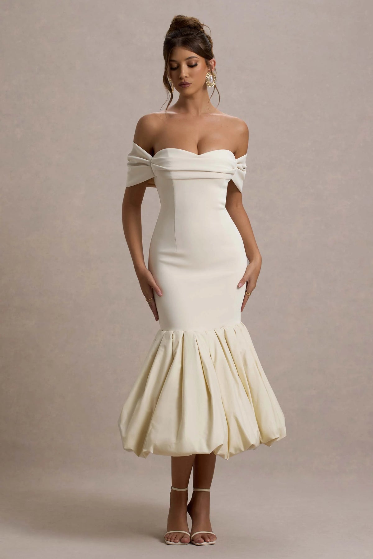 Posie | Stone Bardot Midi Dress With Puffball Hem