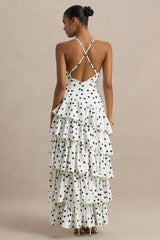 Bogota | Polka Dot Plunge-Neck Maxi Dress With Ruffling Details And Front High Split