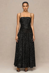 Allora | Black Sequin Square-Neck Maxi Dress With Pleated Skirt