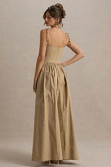 Comet | Tan Linen Maxi Dress with Plunge Neckline and Front High Split