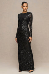 Stellar | Black Embellished Lace High-Neck Maxi Dress With Long Sleeves
