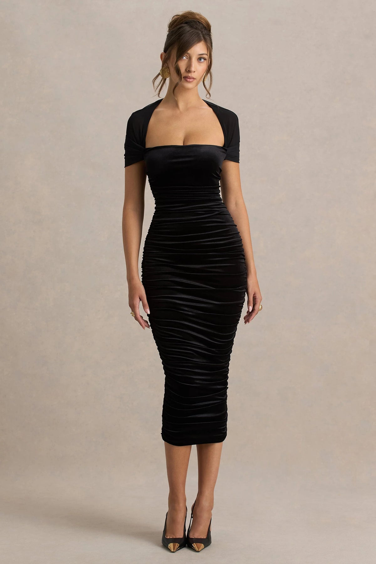 Chrissy | Black Velvet Square-Neck Midi Dress With Mesh-Sleeves And Ruched Detailing