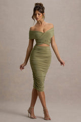 Clovette | Olive Ruched Bardot Cut-Out Midi Dress