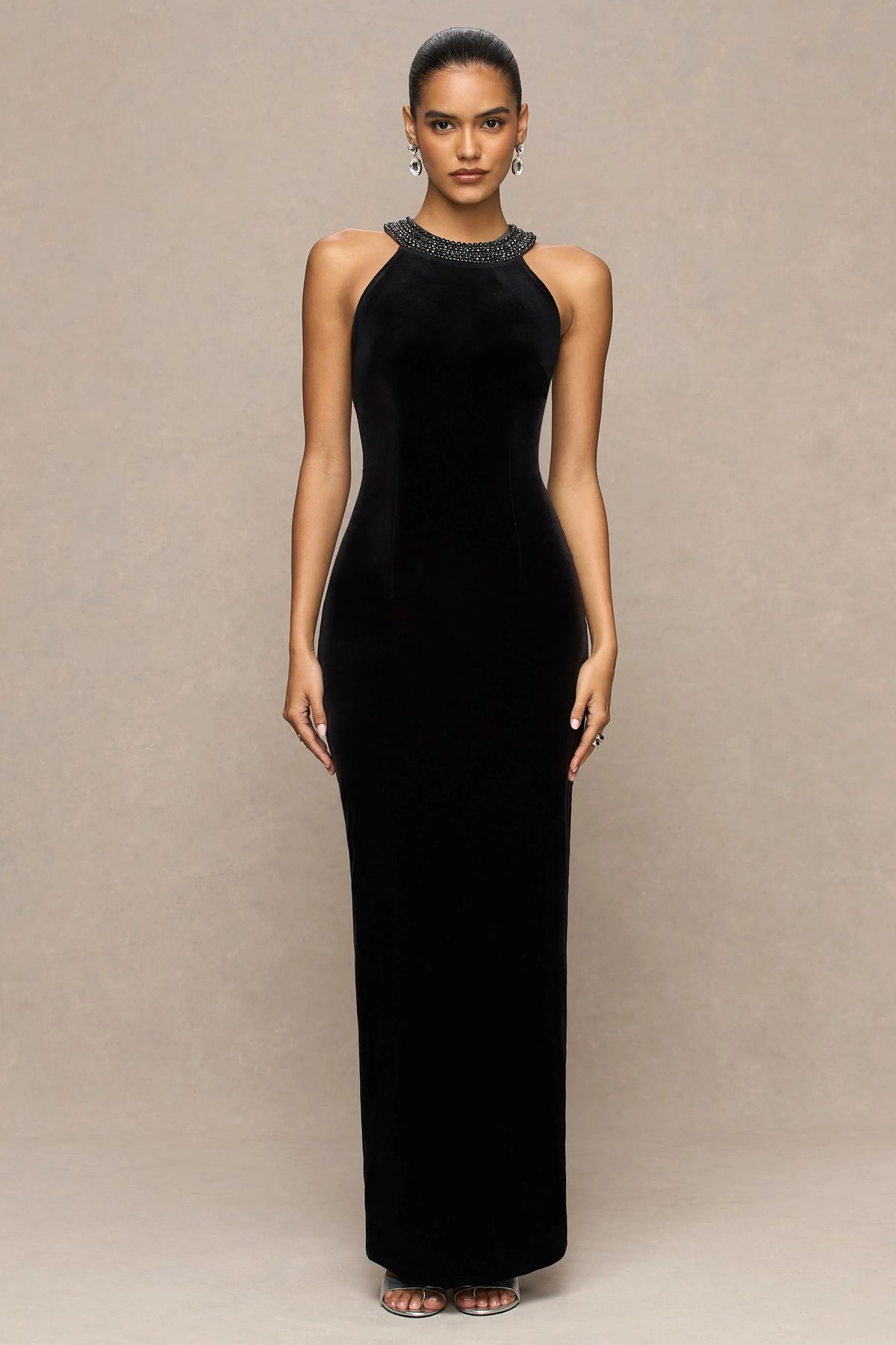 Darya | Black Velvet Embellished High-Neck Maxi Dress