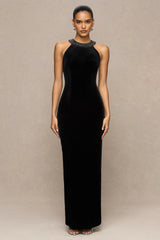 Darya | Black Velvet Embellished High-Neck Maxi Dress