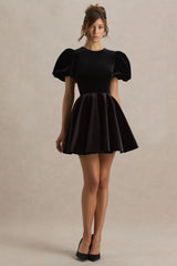 Priya | Black Velvet Mini Dress With Puff Sleeves