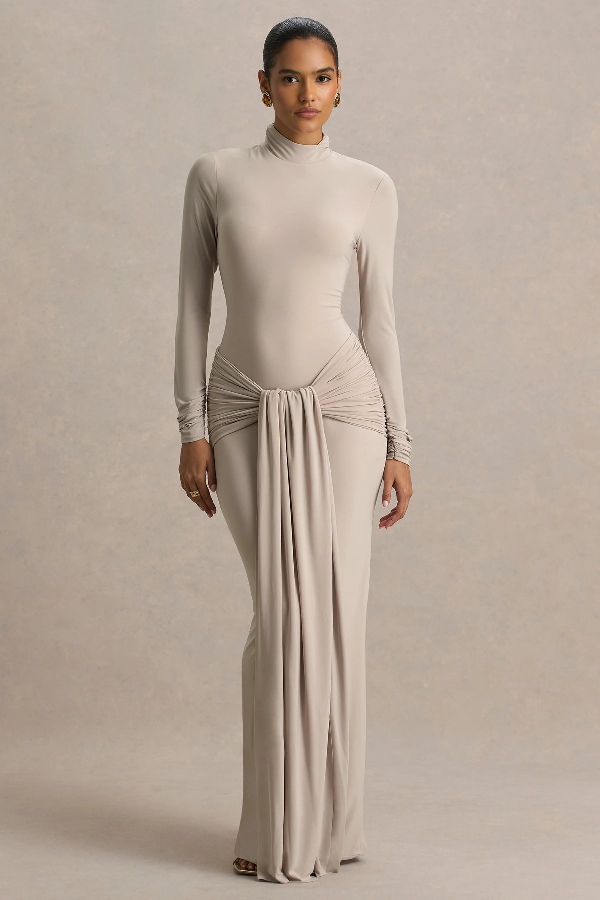Myra | Champagne High-Neck Maxi Dress With Sash and Ruched Detailing