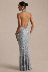 Zaira | Silver Sequin High-Neck Maxi Dress With Open-Back