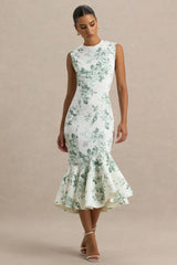 Priceless | Green Porcelain Print Print High-Neck Fishtail Midi Dress