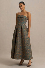 Loretta | Dark Green And Rust Embroidered Bandeau Midi Dress