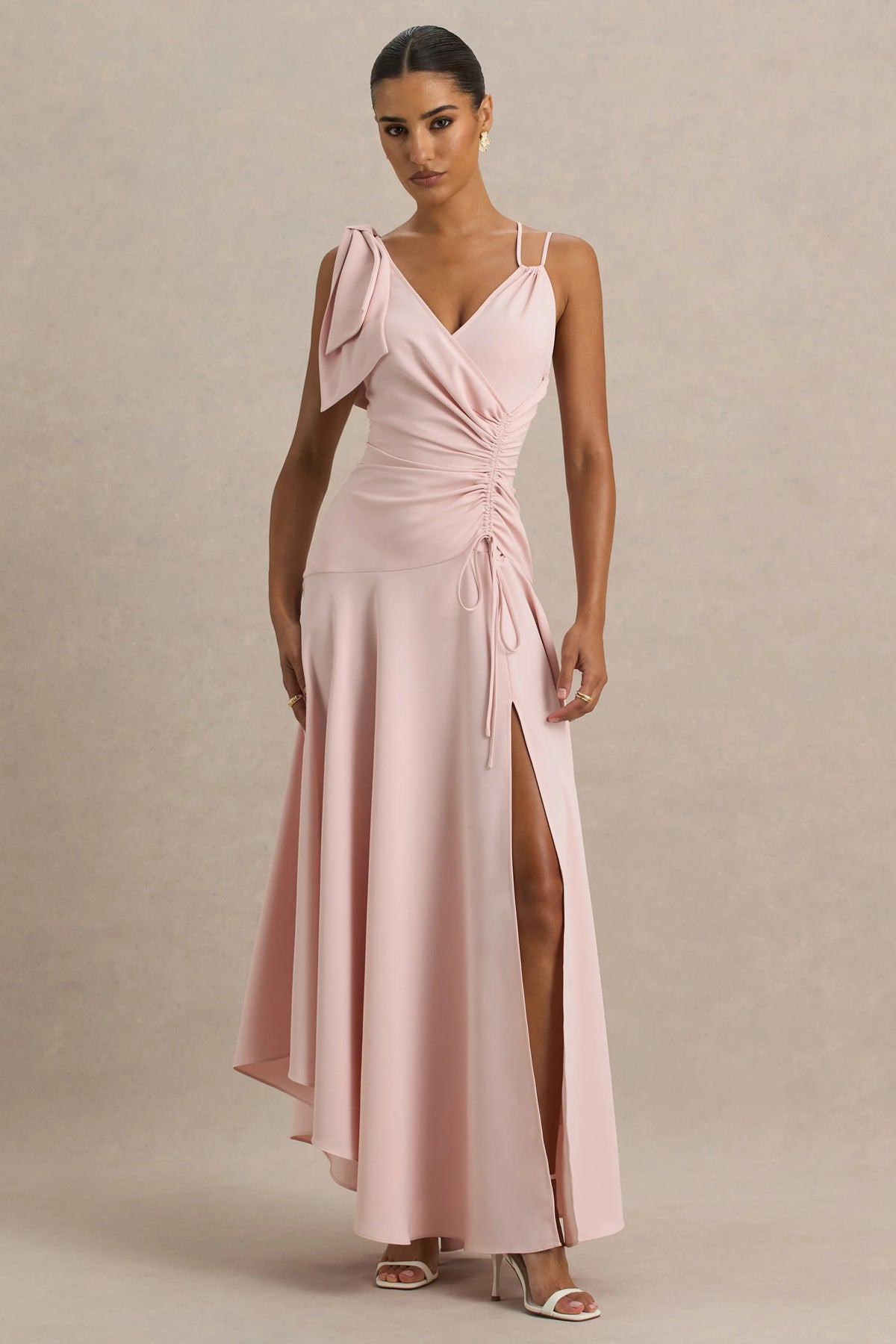 Julieta | Baby Pink Asymmetric-Neck Maxi Dress With Bow Detail And Open-Back