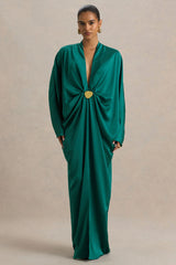 Tina | Dark Green Satin Plunge-Neck Embellished Maxi Dress