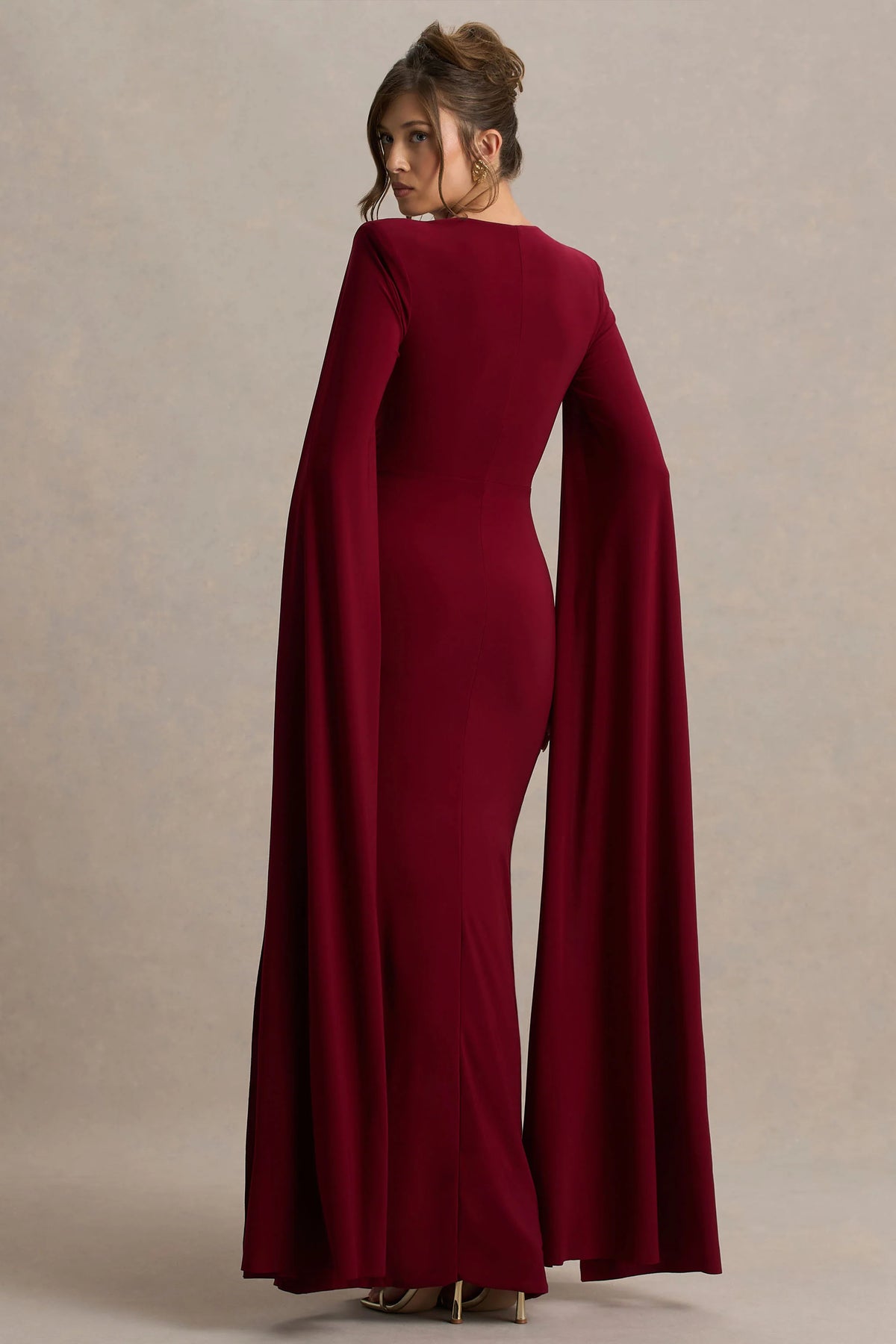 Claretta | Berry Square Neck Twisted Maxi Dress With Cape Sleeves