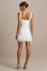 Rosalinda | White Sequin Square-Neck Mini Dress With Feather Trim