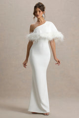 Valor | White Asymmetric Maxi Dress With Feather Trim