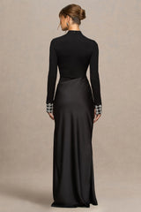 Starred | Black High-Neck Maxi Dress With Drop-Waist And Satin Wrap-Skirt