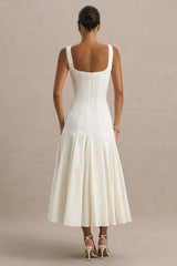 Magnolia | White Scoop-Neck Midi Dress With Drop-Waist And Ruffling Detail