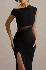 Emily | Black Asymmetric Split Maxi Dress With Mesh Detailing