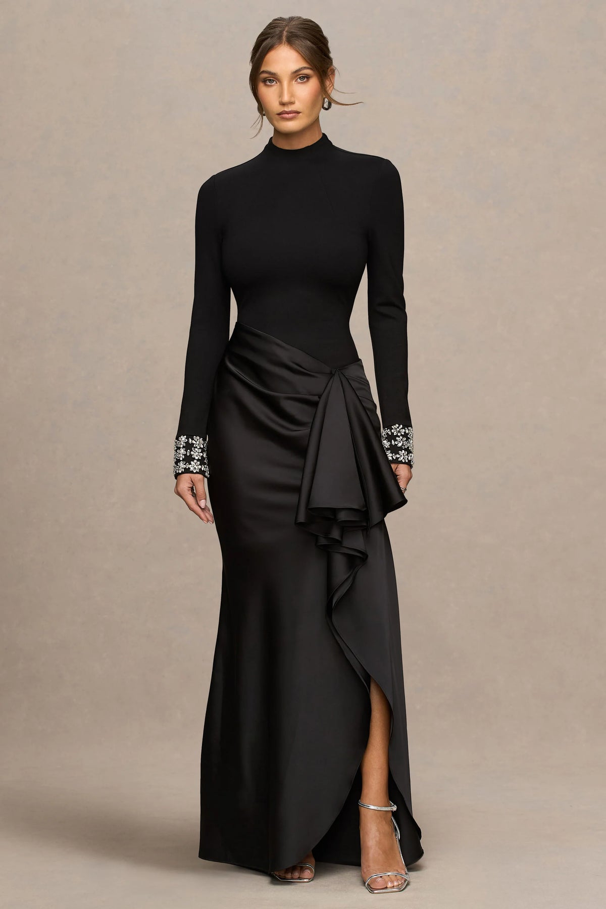 Starred | Black High-Neck Maxi Dress With Drop-Waist And Satin Wrap-Skirt