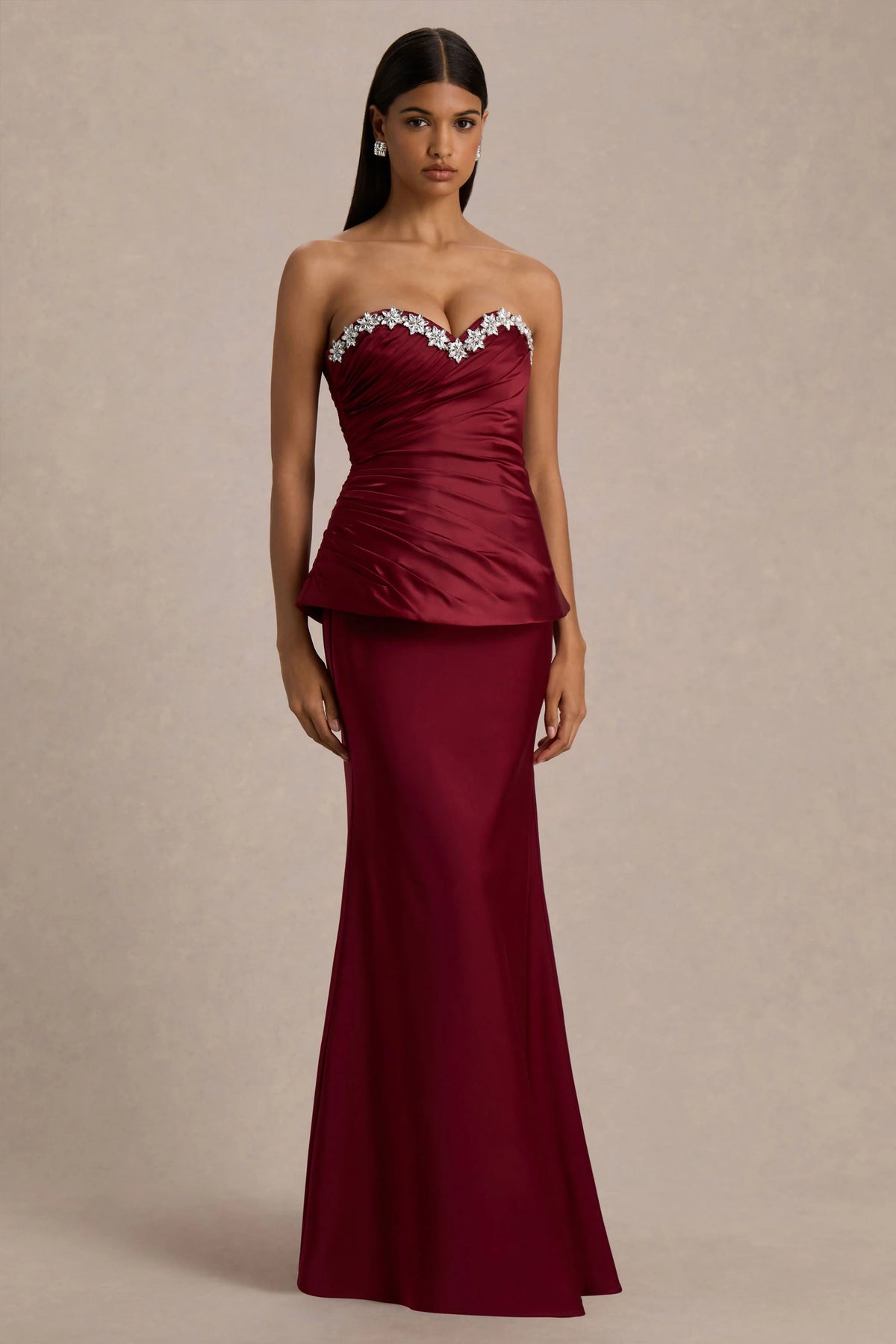 Milia | Burgundy Satin Hand-Embellished Strapless Corset Maxi Dress