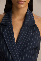 Eve | Navy Pinstripe Plunge-Neckline Tailored Maxi Dress