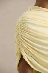 Farrah | Pale Lemon High-Neck Draped Mini Dress With Sash