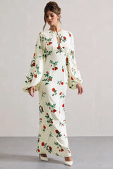 Wild Rose | Rose Print Satin Puff-Sleeve Cut-Out Maxi Dress
