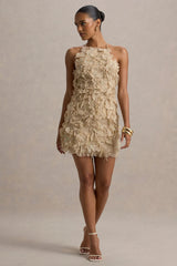 Kamara | Nude Sequin Floral Halter-Neck Mini Dress