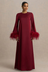 Adella | Burgundy Satin Feather-Trim Maxi Dress