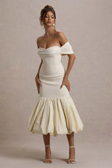 Posie | Stone Bardot Midi Dress With Puffball Hem