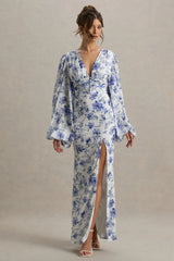 Casarile | Blue Floral Print V-Neck Balloon Sleeve Maxi Dress