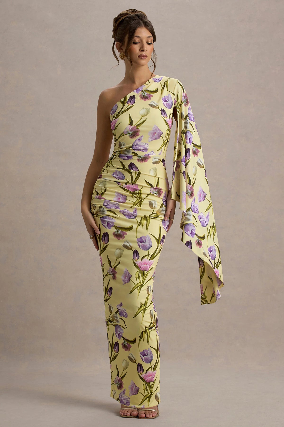 Clementina | Tulip Floral Print Asymmetric Cape Sleeve Maxi Dress