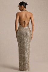 Gio | Champagne Sequin Plunge-Neck Wrap Maxi Dress With Ruched Detailing