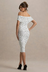 Rayleigh | Polka Dot Bardot Ruched Midi Dress
