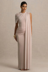 Brenda | Champagne Crew-Neck Maxi Dress With Mesh Cape And Sash