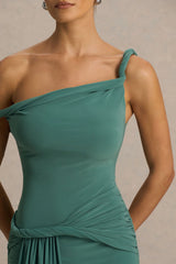 Tulisa | Green Asymmetric-Neck Maxi Dress With Twist Sleeves And Ruched Detailing