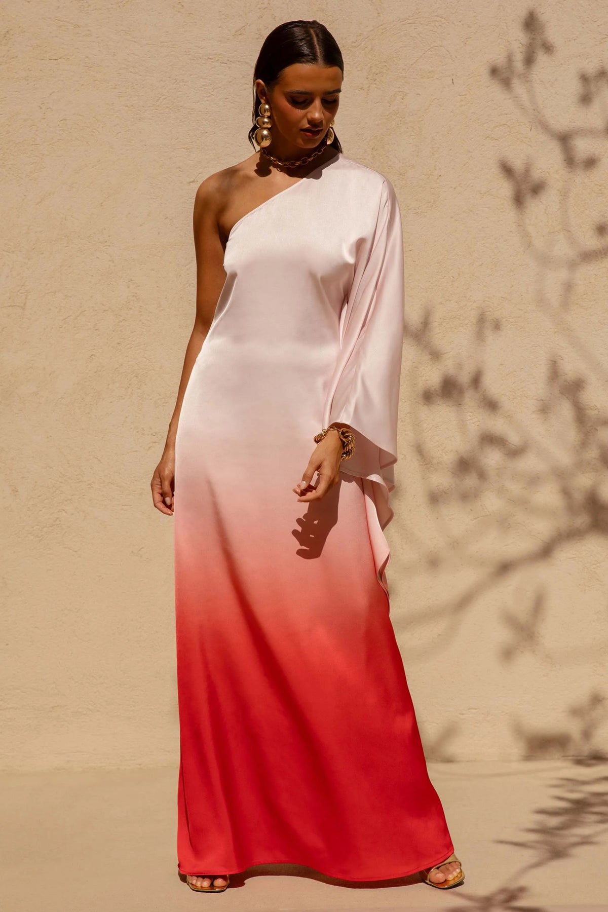 Jayla | Red Ombre Satin Asymmetric Maxi Dress With Long-Sleeve