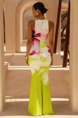 Marlo | Lime Floral Print High-Neck Maxi Dress