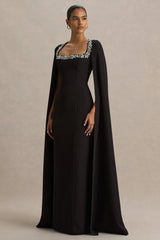 Glossy | Black Woven Square-Neck Maxi Dress With Cape Sleeves and Hand-Embellished Detail