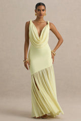 Meggie | Lemon Plunge-Neck Twisted Maxi Dress With Chiffon Skirt