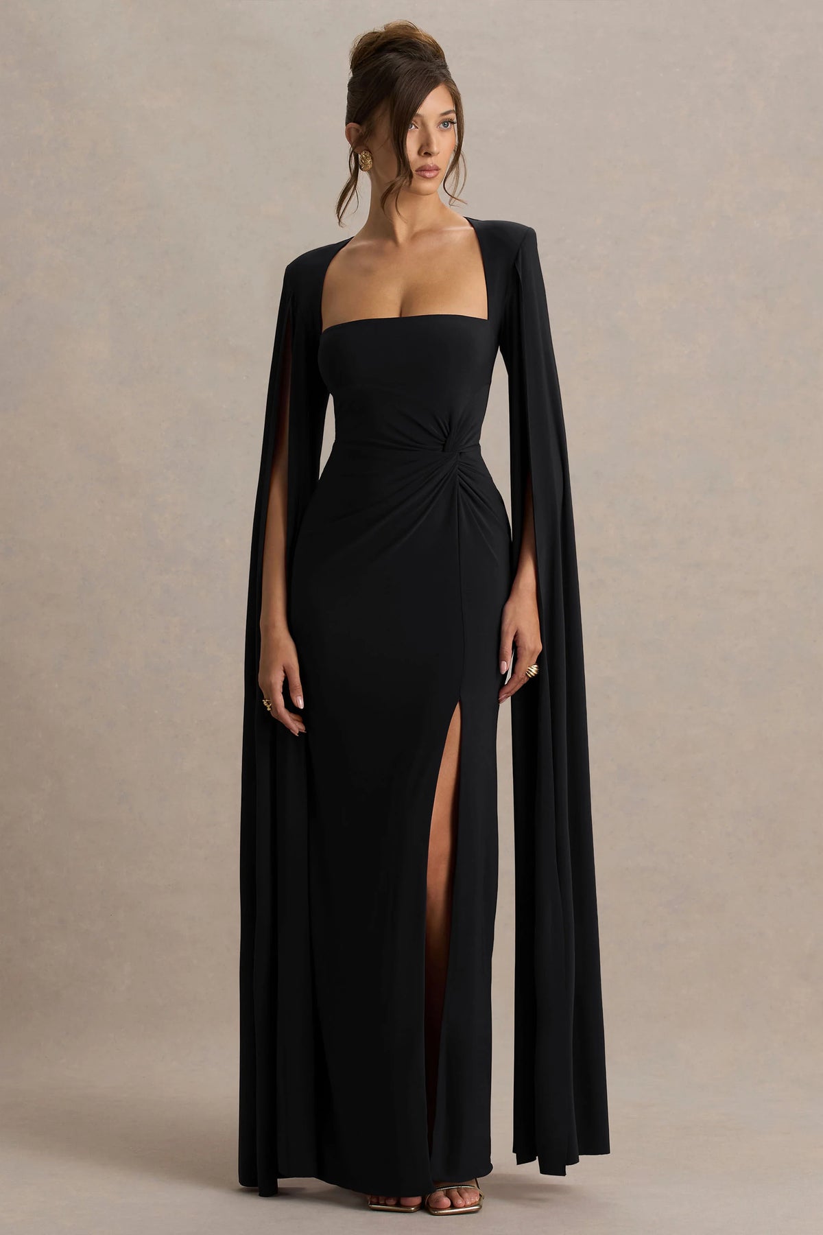 Claretta | Black Square Neck Twisted Maxi Dress With Cape Sleeves