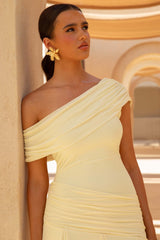 Lova | Lemon Ruched Asymmetric Maxi Dress With Ruffle Hem